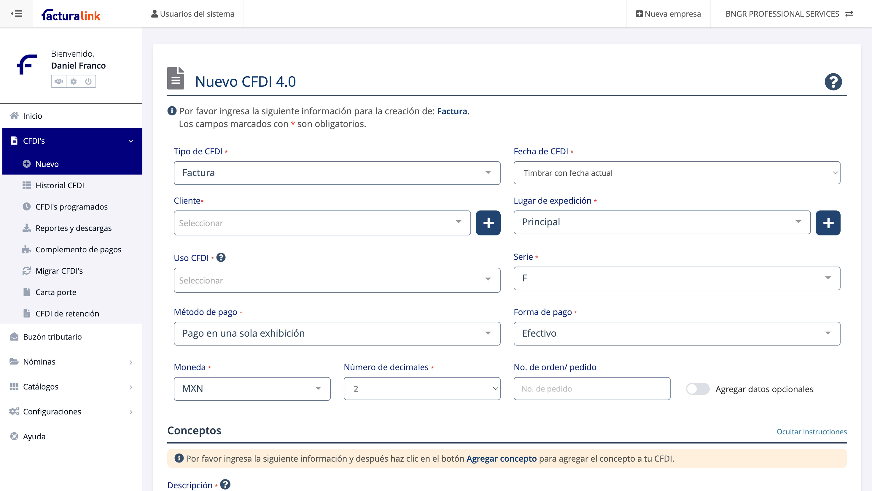 pantalla de creación de CFDI